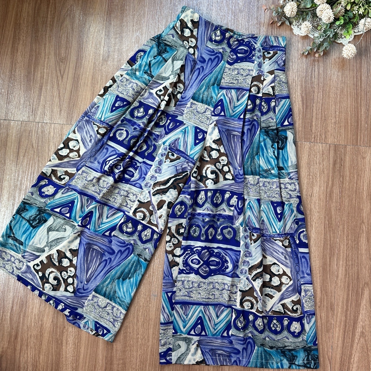 群青塗鴉油畫風高腰古着闊褲