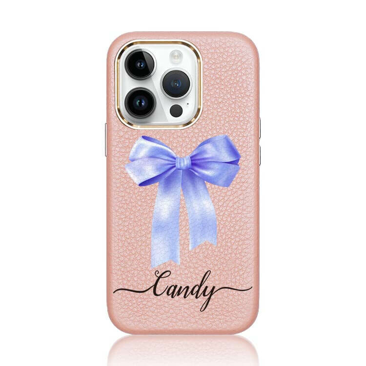 蝴蝶結緞帶(紫) 蜜荔殼 - (訂製名字) iPhone客製化手機殼 蜜荔粉皮革殼