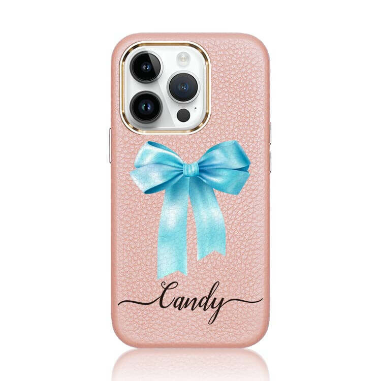 蝴蝶結緞帶(芬尼藍) 蜜荔殼 - (訂製名字) iPhone客製化手機殼 蜜荔粉皮革殼