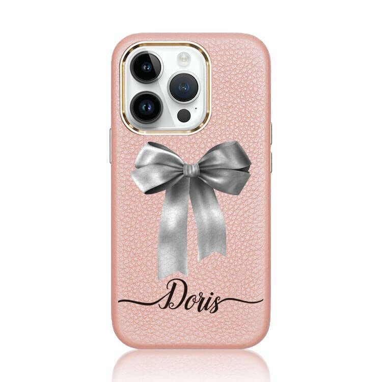 蝴蝶結緞帶(灰) 蜜荔殼 - (訂製名字) iPhone客製化手機殼 蜜荔粉皮革殼