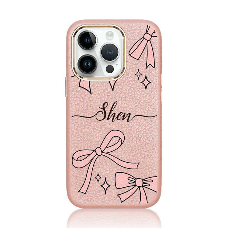 粉色優雅蝴蝶結 蜜荔殼 - (訂製名字) iPhone客製化手機殼 蜜荔粉皮革殼
