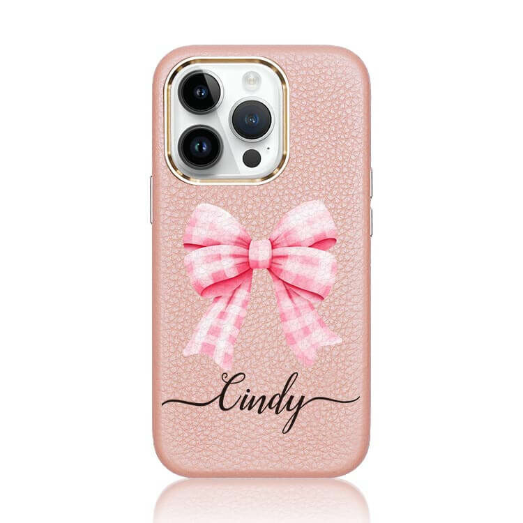 可愛格紋蝴蝶結 蜜荔殼 - (訂製名字) iPhone客製化手機殼 蜜荔粉皮革殼