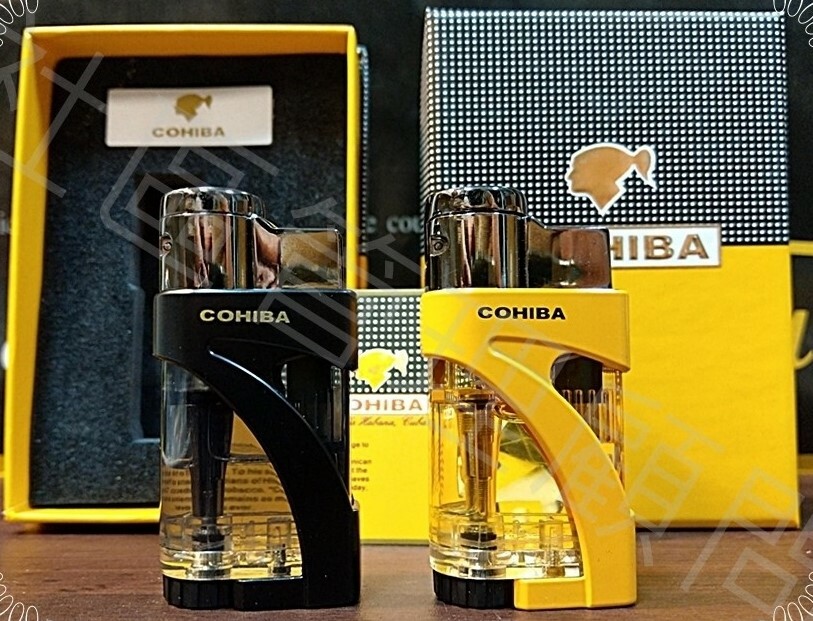 【雪茄用】金屬 透明壓克力 防風 雙直沖 充氣式 雪茄打火機 #禮盒