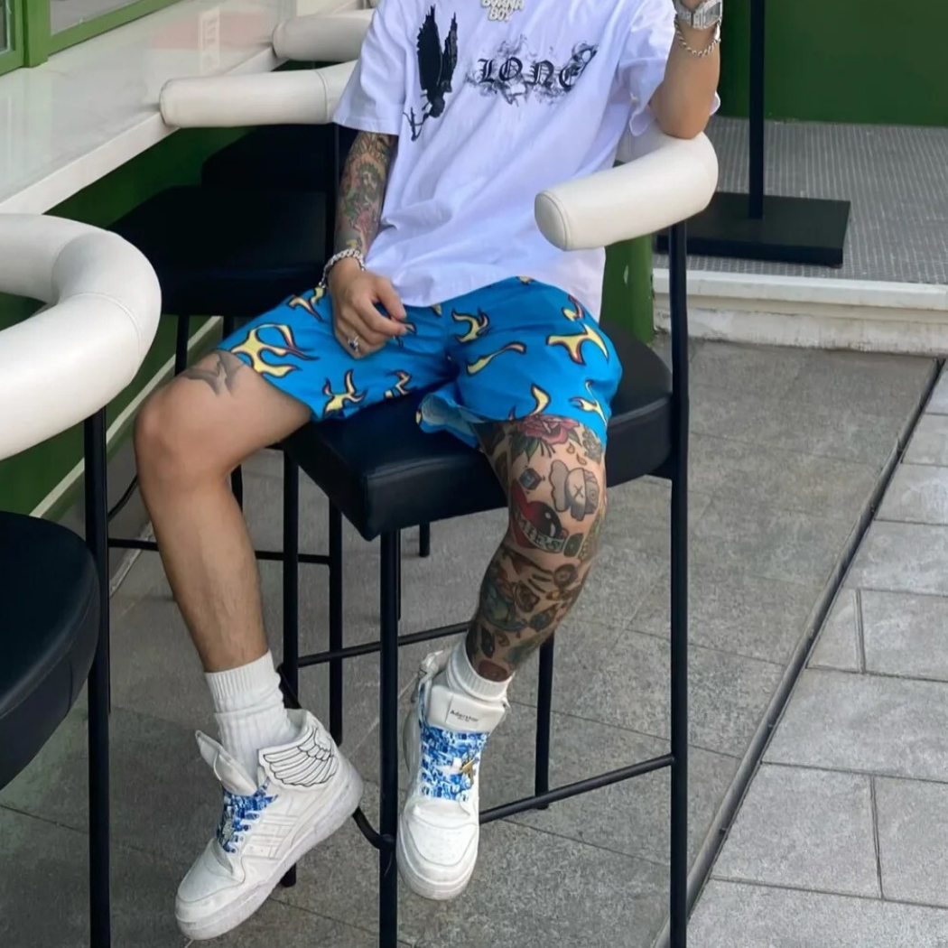 【NICE 歐美日韓代購】24SS GOLF WANG 潮牌🔥滿版藍色火焰休閒短褲 五分褲 沙灘褲 戶外