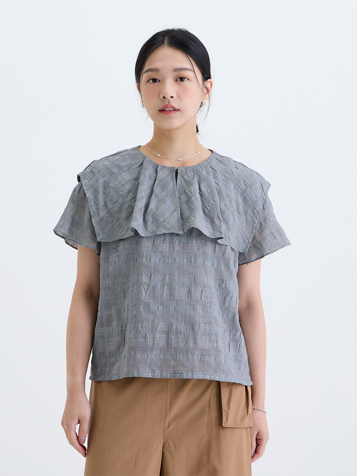 霧花方折領短袖上衣-黑灰