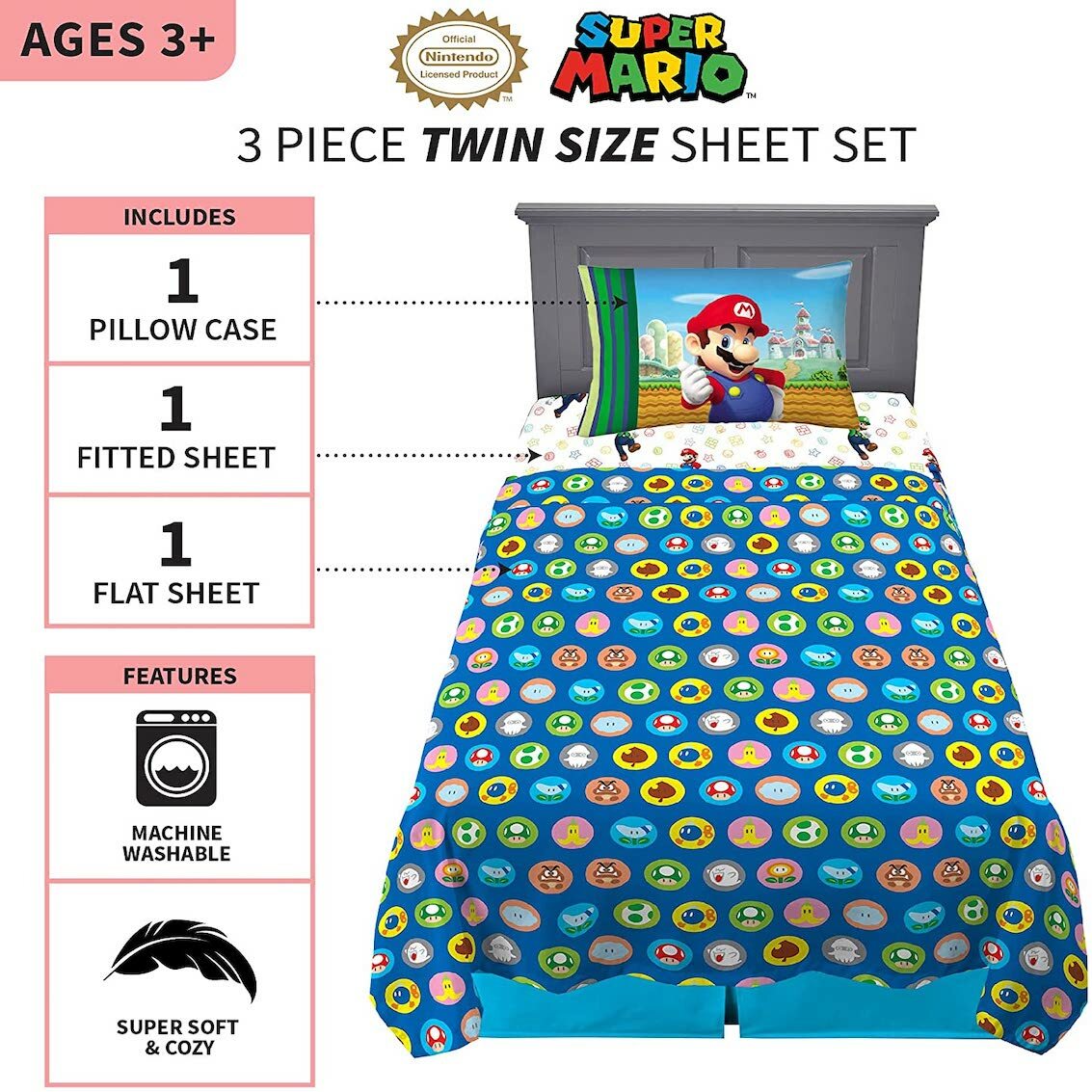 美國 Super Mario 3 件裝床上套裝 (單人床)