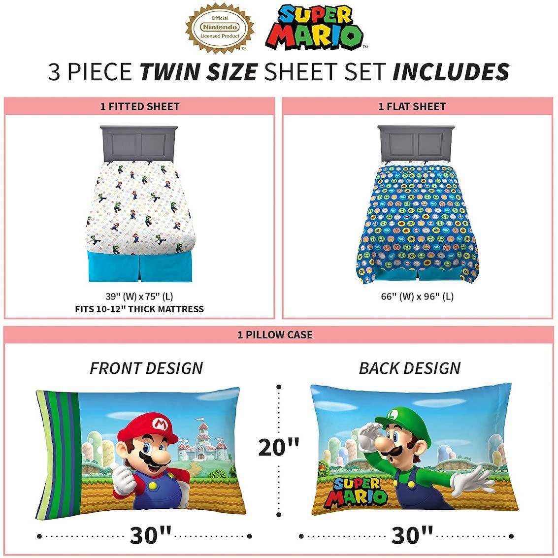 美國 Super Mario 3 件裝床上套裝 (單人床)