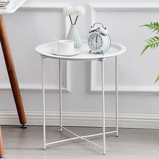 Popular Ins Nordic Modern Simple Coffee Table Books Bedside Table Sofa Side Table Living Room Light Luxury Mini Folding Iron Round Table (White)