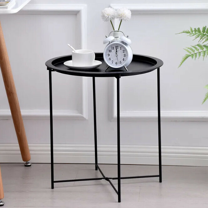 Popular Ins Nordic Modern Simple Coffee Table Books Bedside Table Sofa Side Table Living Room Light Luxury Mini Folding Iron Round Table (Black)