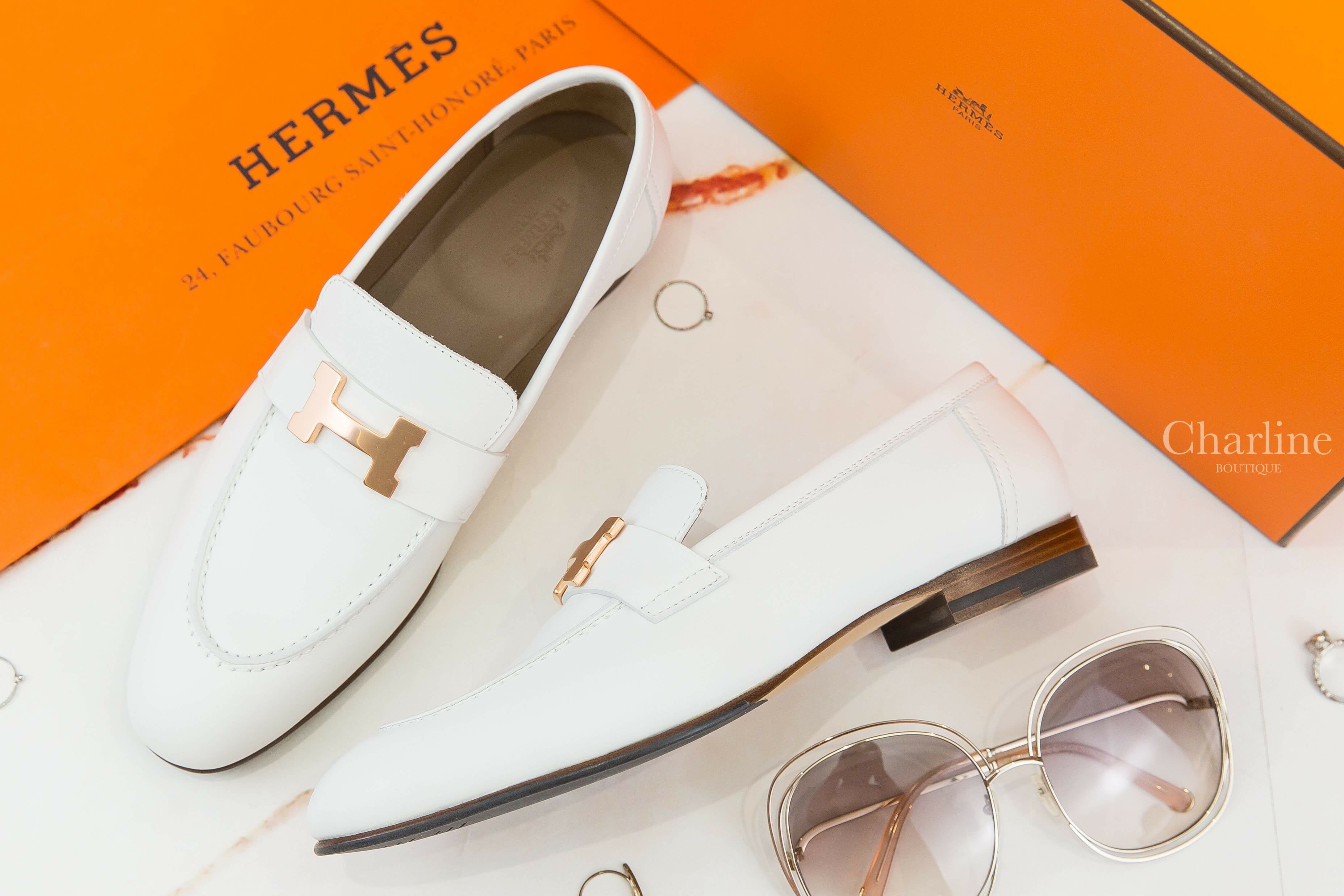 Hermès Paris Loafer 白色玫瑰金釦H小牛皮樂福鞋-Charline Boutique 精品代購
