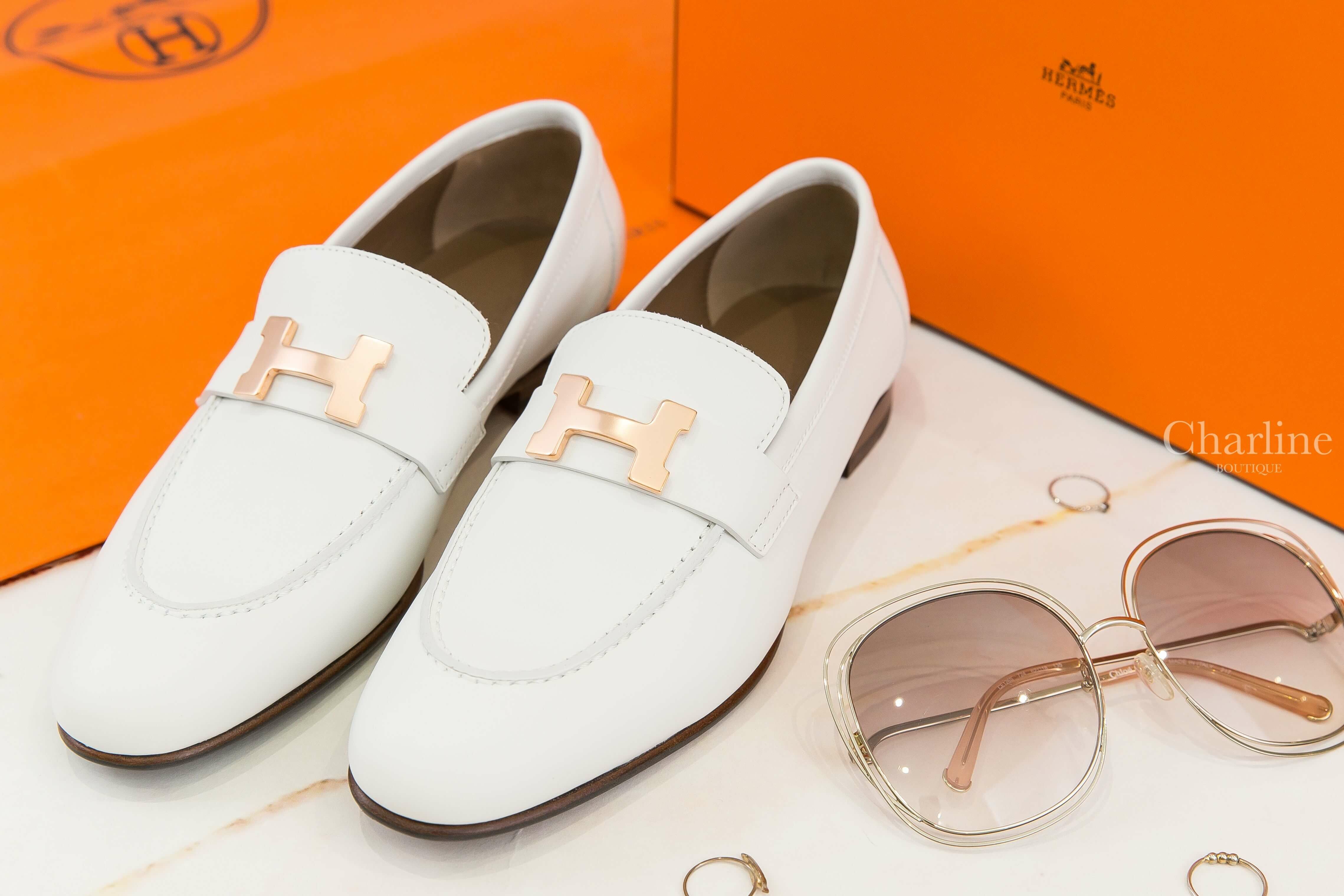 Hermès Paris Loafer 白色玫瑰金釦H小牛皮樂福鞋-Charline Boutique 精品代購