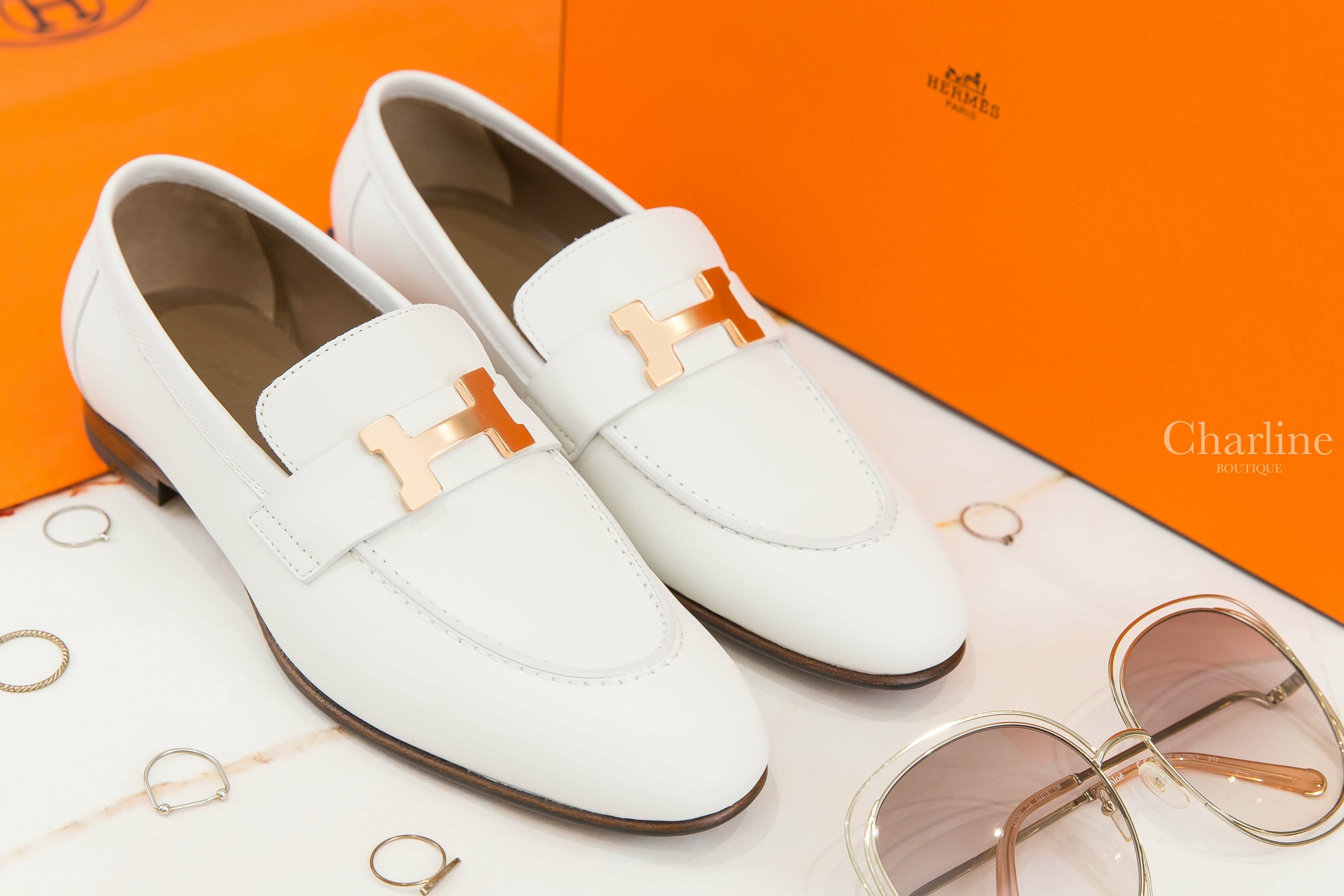 Hermès Paris Loafer 白色玫瑰金釦H小牛皮樂福鞋
