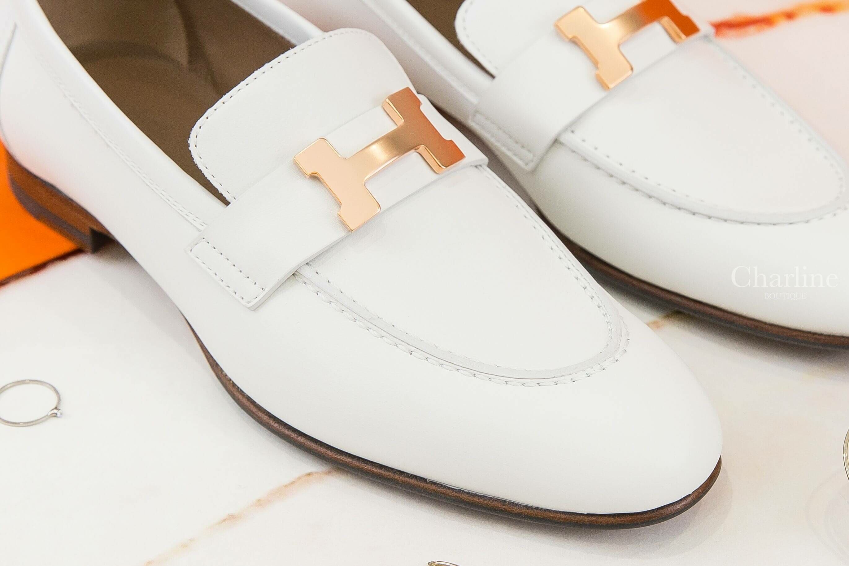 Hermès Paris Loafer 白色玫瑰金釦H小牛皮樂福鞋