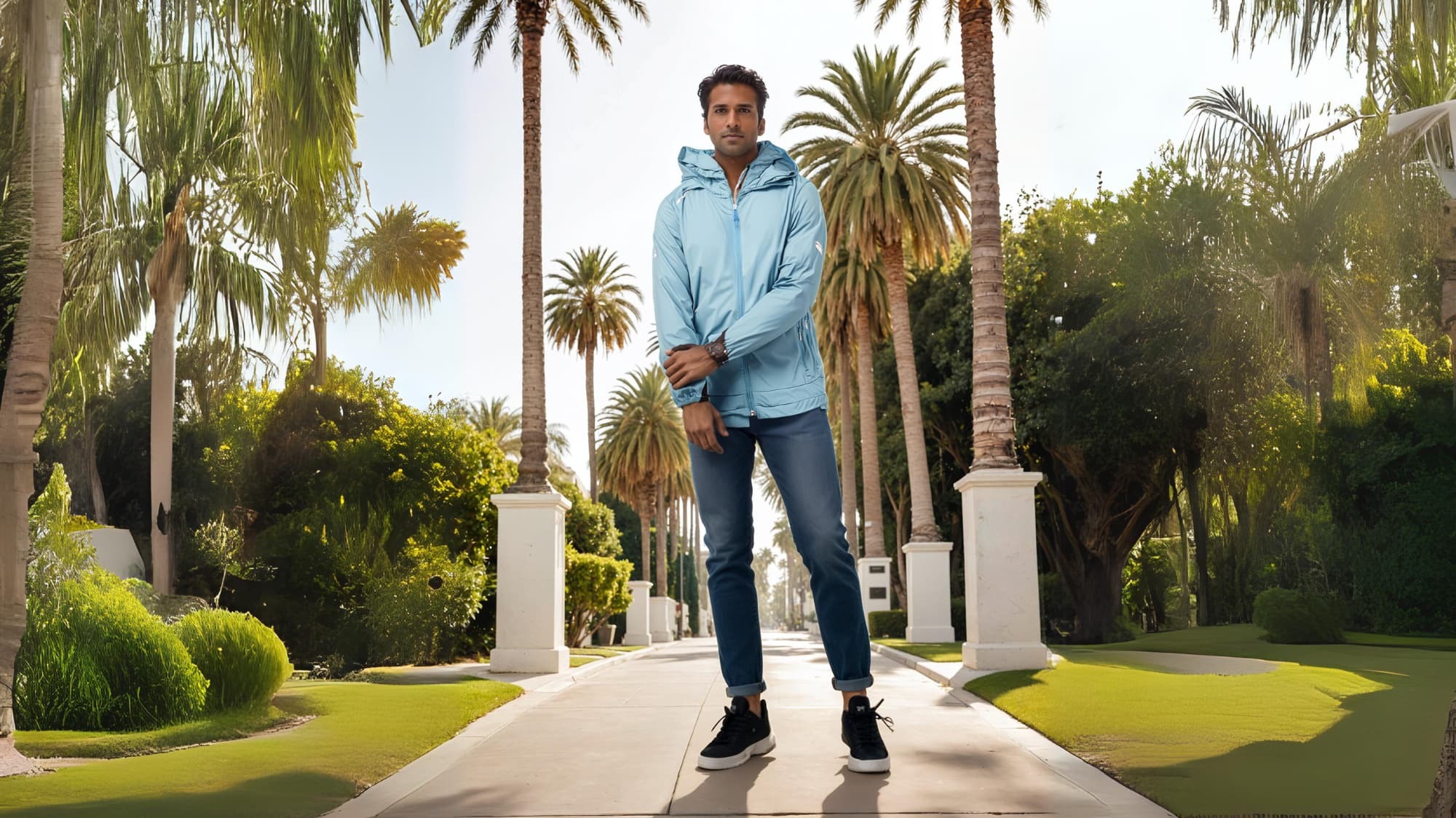 多功能防曬外套 - 加大帽子設計, YKK拉鍊, 拇指扣防滑設計, 戶外運動, 全天候保護模特展示圖