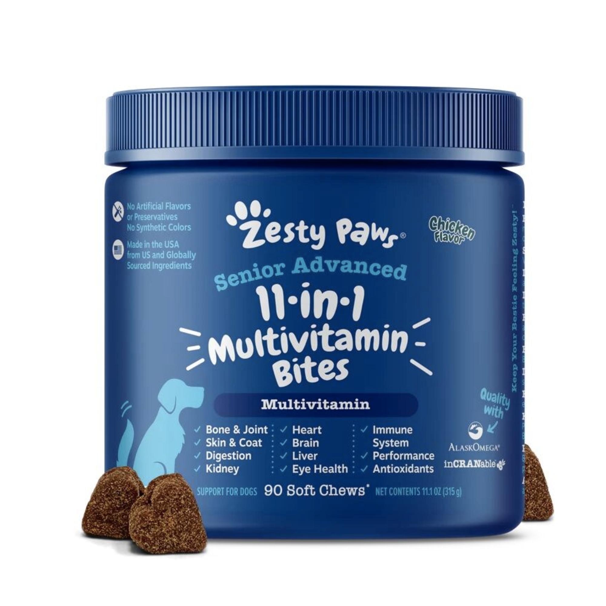 Zesty Paws - 犬用11合1多種維他命多功能咀嚼軟粒(高齡犬用) - 雞肉味 90片