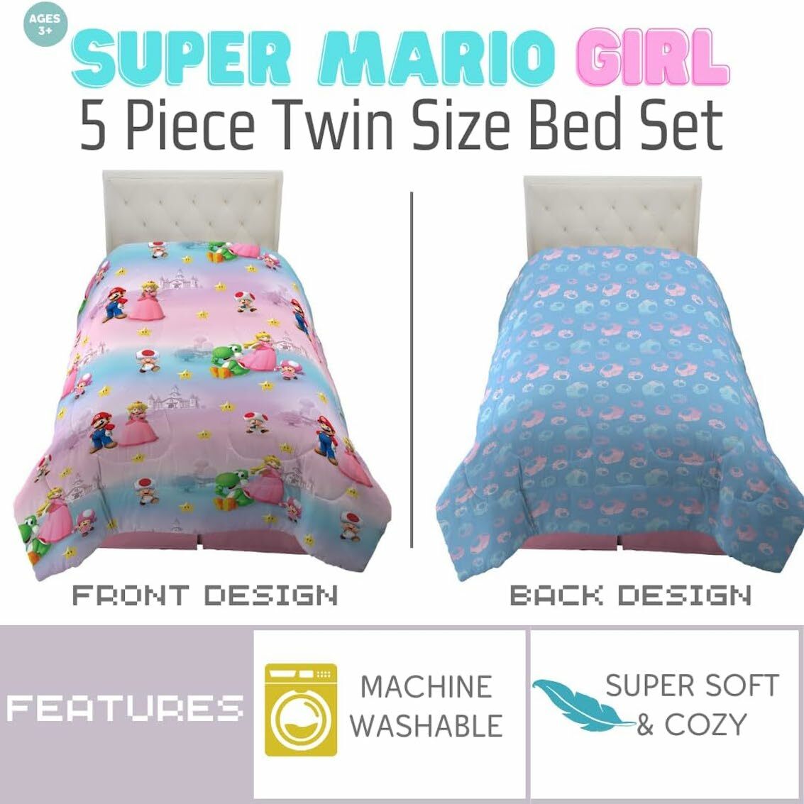 美國 Super Mario Peach 5 件裝床上套裝 (單人床)