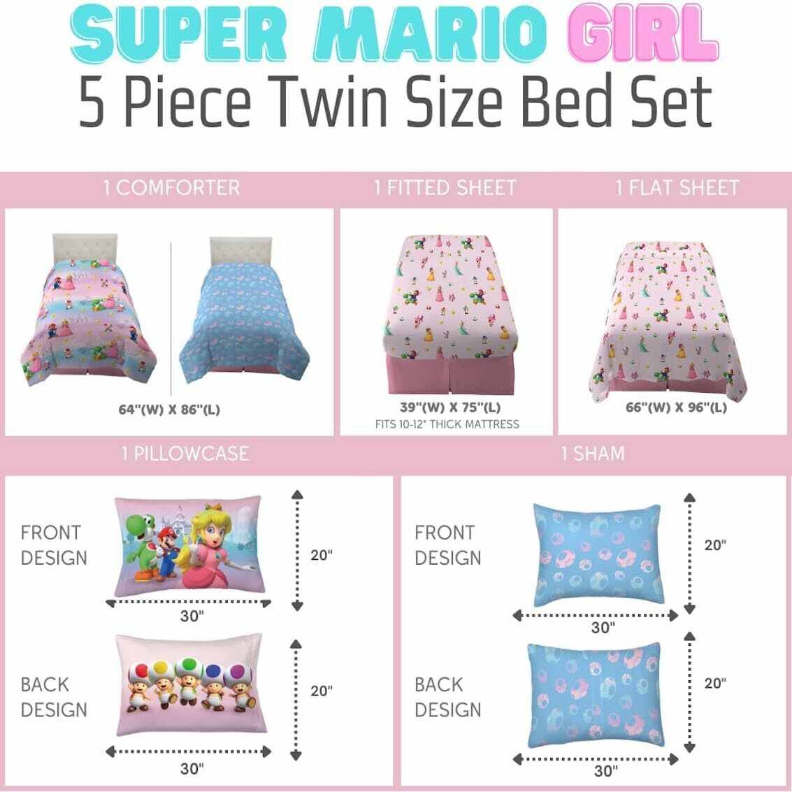 美國 Super Mario Peach 5 件裝床上套裝 (單人床)