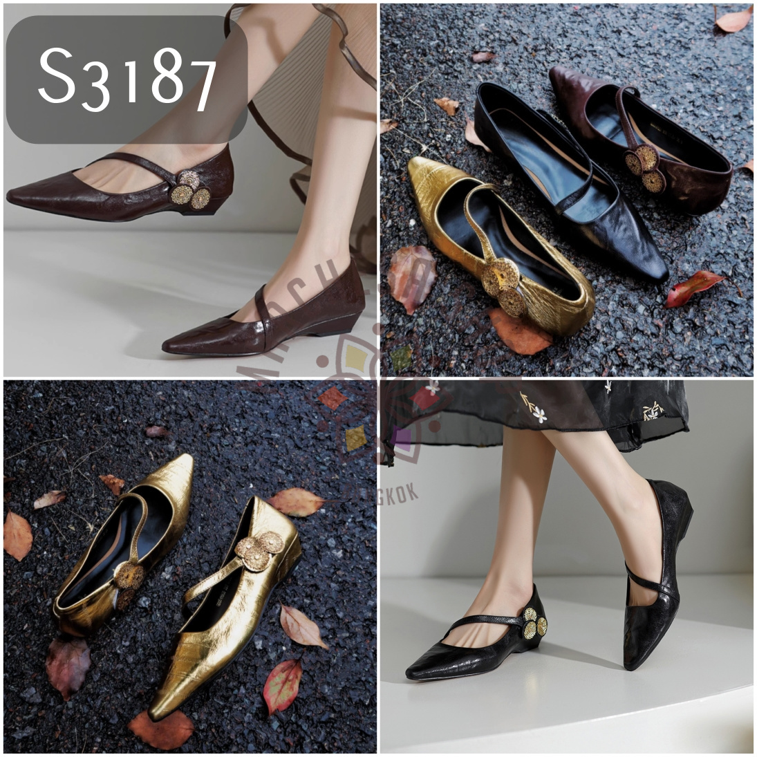 S3187 - 全真皮羊皮暗紋鈄帶金圓裝飾尖頭船踭鞋