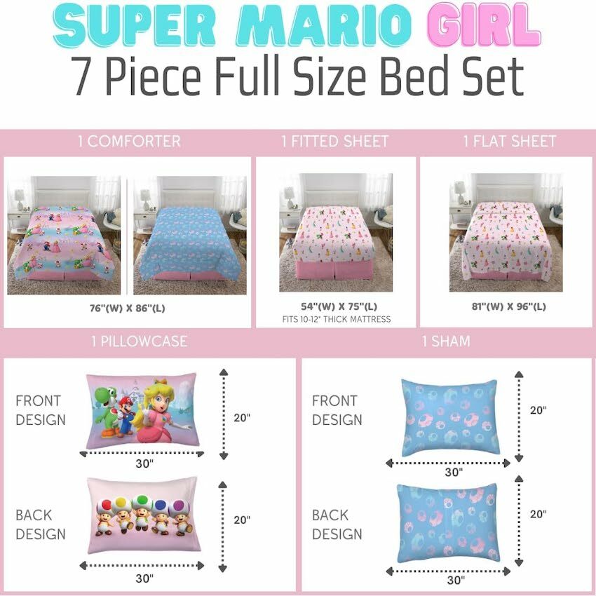 美國 Super Mario Peach 7 件裝床上套裝 (雙人床)