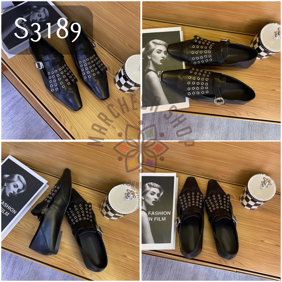 S3189 - 全真皮頭層牛皮鉚釘流鬚尖頭平底休閒鞋