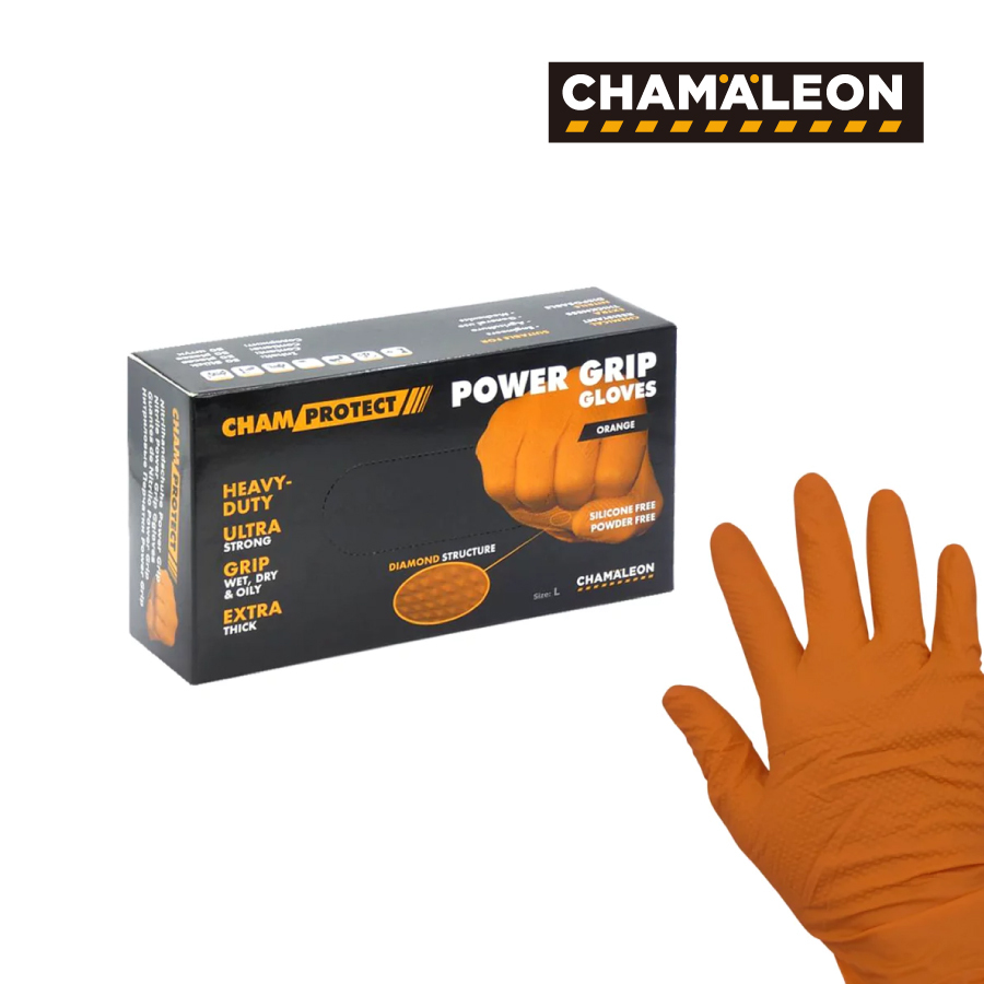 Chamaeleon - 德國變色龍 橙色波浪紋無粉丁腈加強版防滑即棄防菌保防護手套1盒 (50隻)