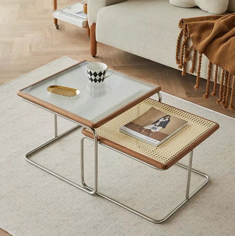 Hot Selling Living Room Coffee Table Retro Coffee Table Sofa Bedside Table (Set of Large Table + Small Table in Solid Wood Color)