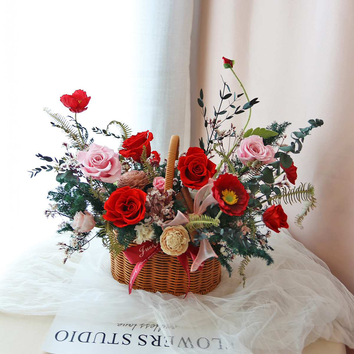 T36｜紅色系藤編花籃