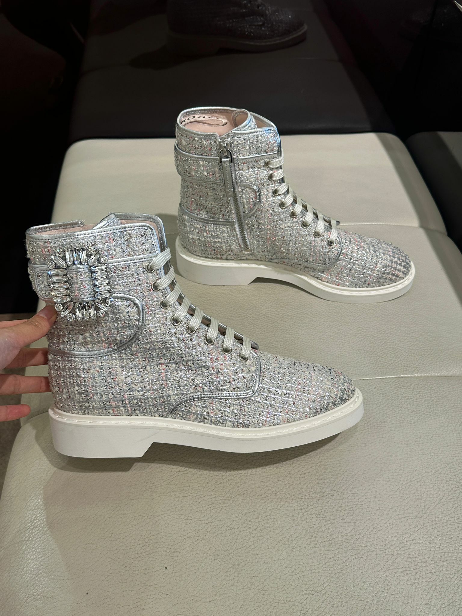 Roger Vivier RV viv Rangers lace boots tweed silver