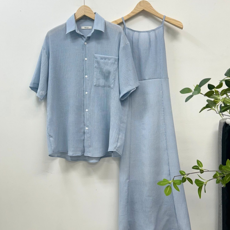 水波紋短袖襯衫/背心長洋