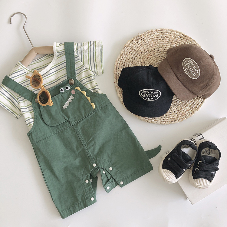 俏皮恐龍條紋吊帶套裝