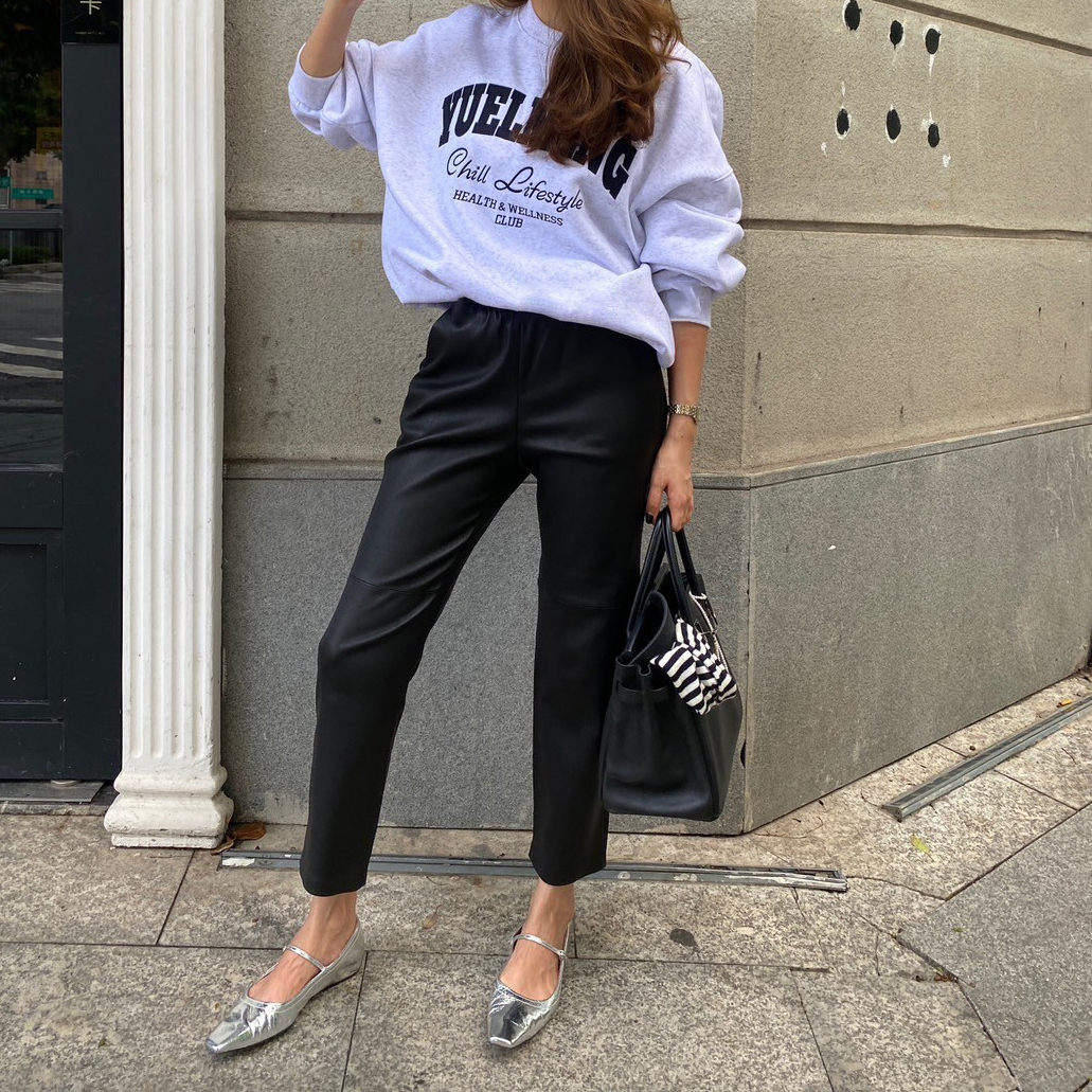 秋冬鬆緊腰百搭羊皮九分皮褲XS-XL / 2色 (Elegant & Love)