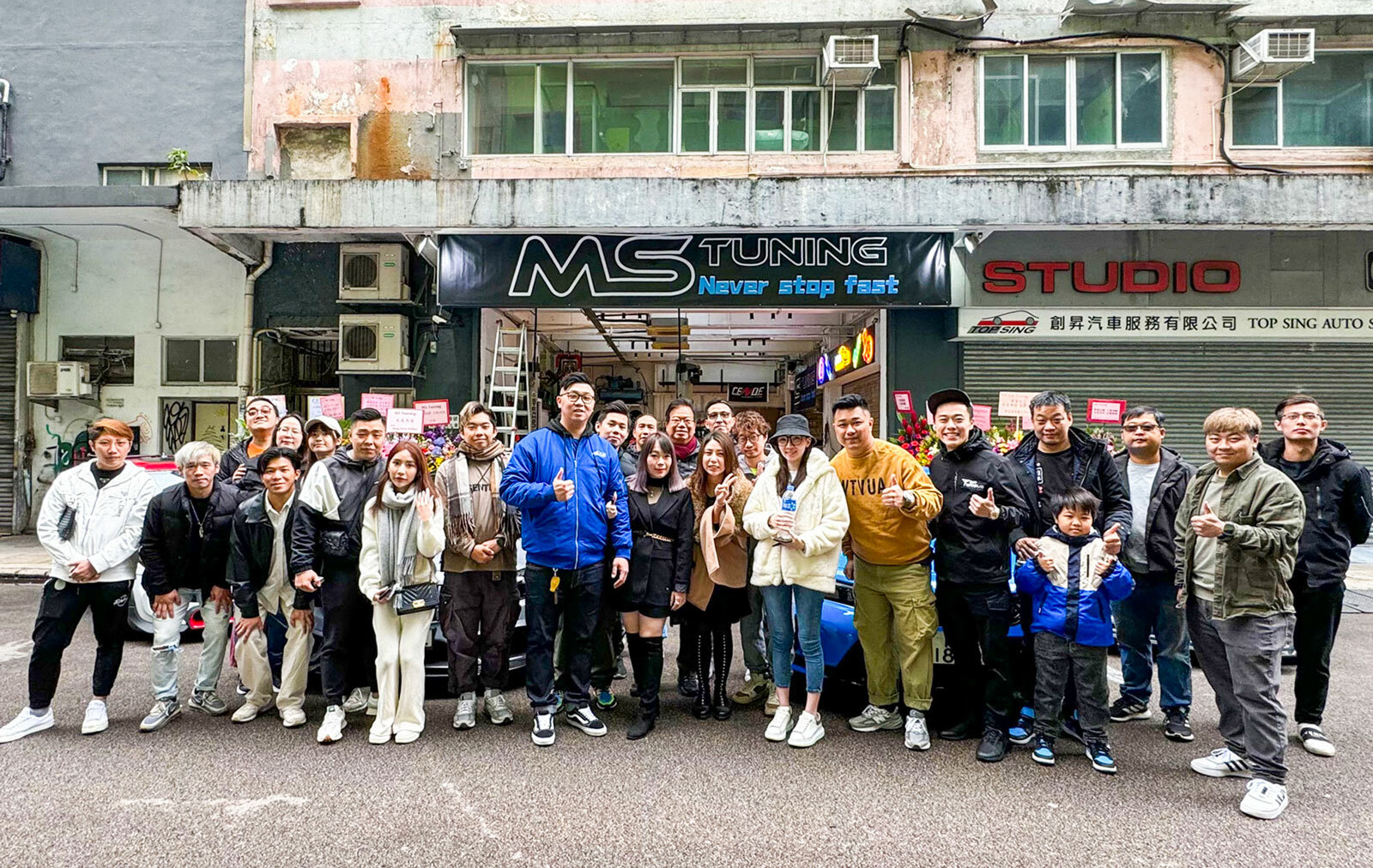 ms tuning grand opening au yeung red car club martin group photo