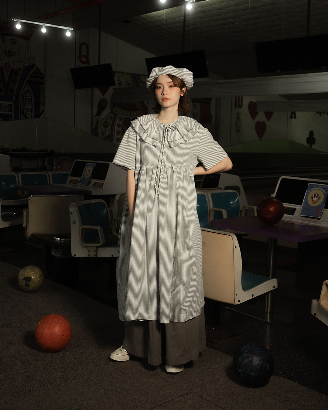 【 Kiki.co made 】Ruffle striped dress set - Matte Green