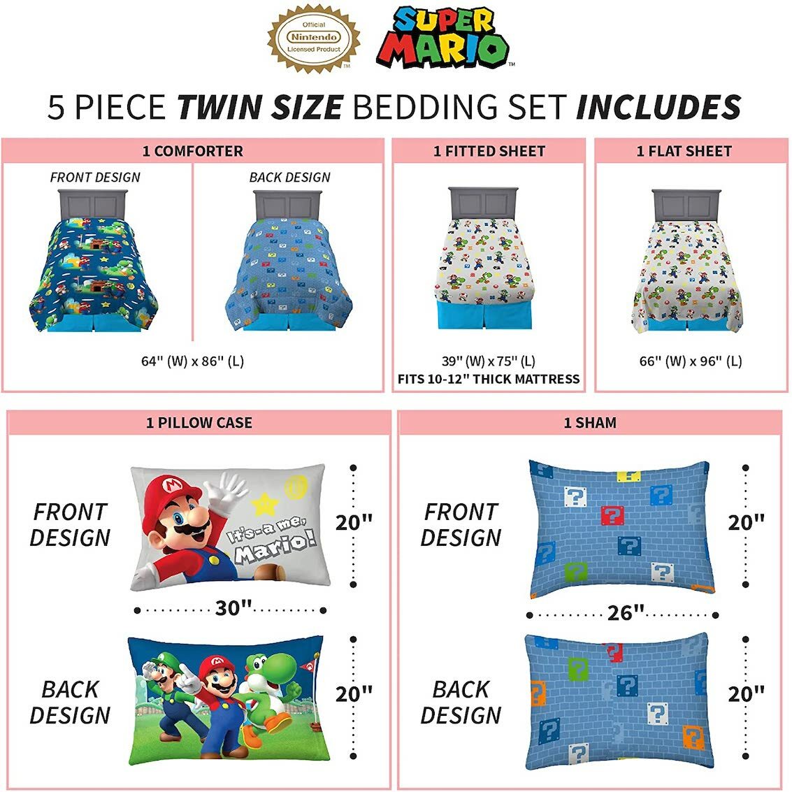 美國 Super Mario 5 件裝床上套裝 (單人床)