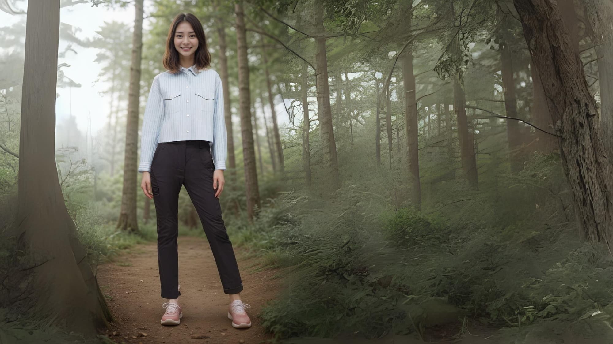 女機能快乾多口袋工作褲長褲 模特兒展示在森林中