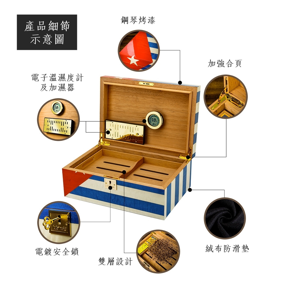 【雪茄保濕盒】【魯賓斯基】古巴風情 鋼琴烤漆 雪松木雙層 大容量 雪茄保濕盒 附保濕器/濕度計/安全鎖 #雪茄盒