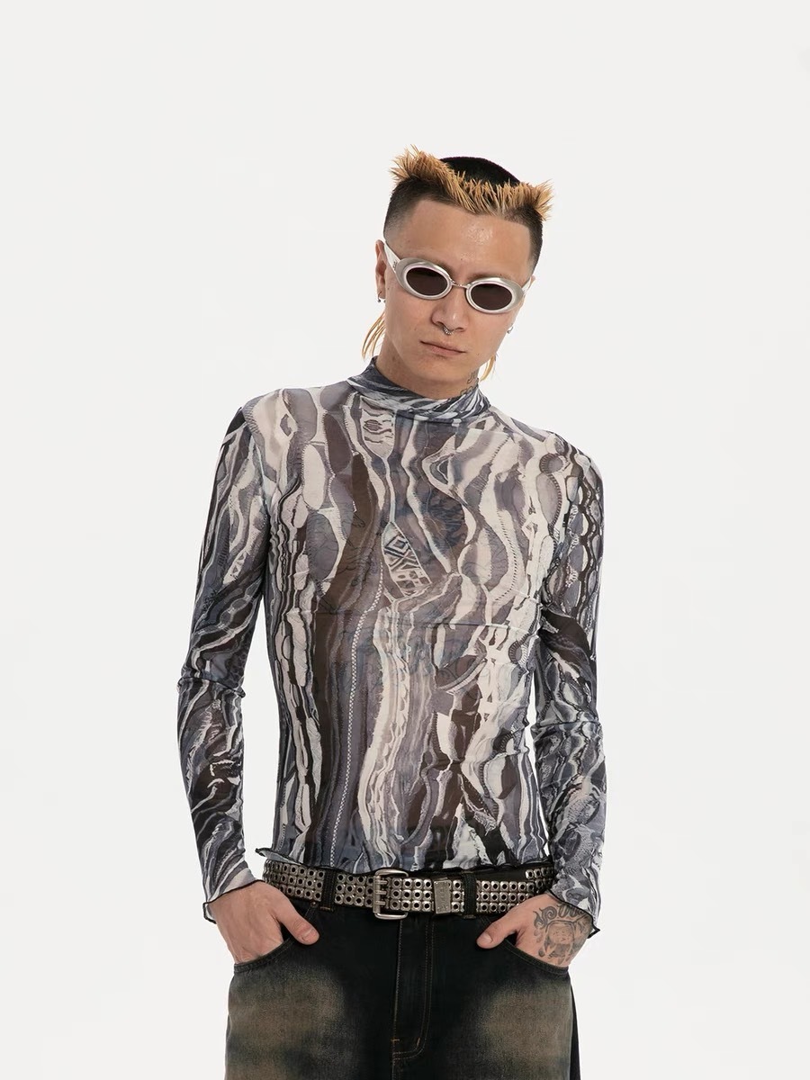 RTVG 復古條紋透氣彈性網紗衣