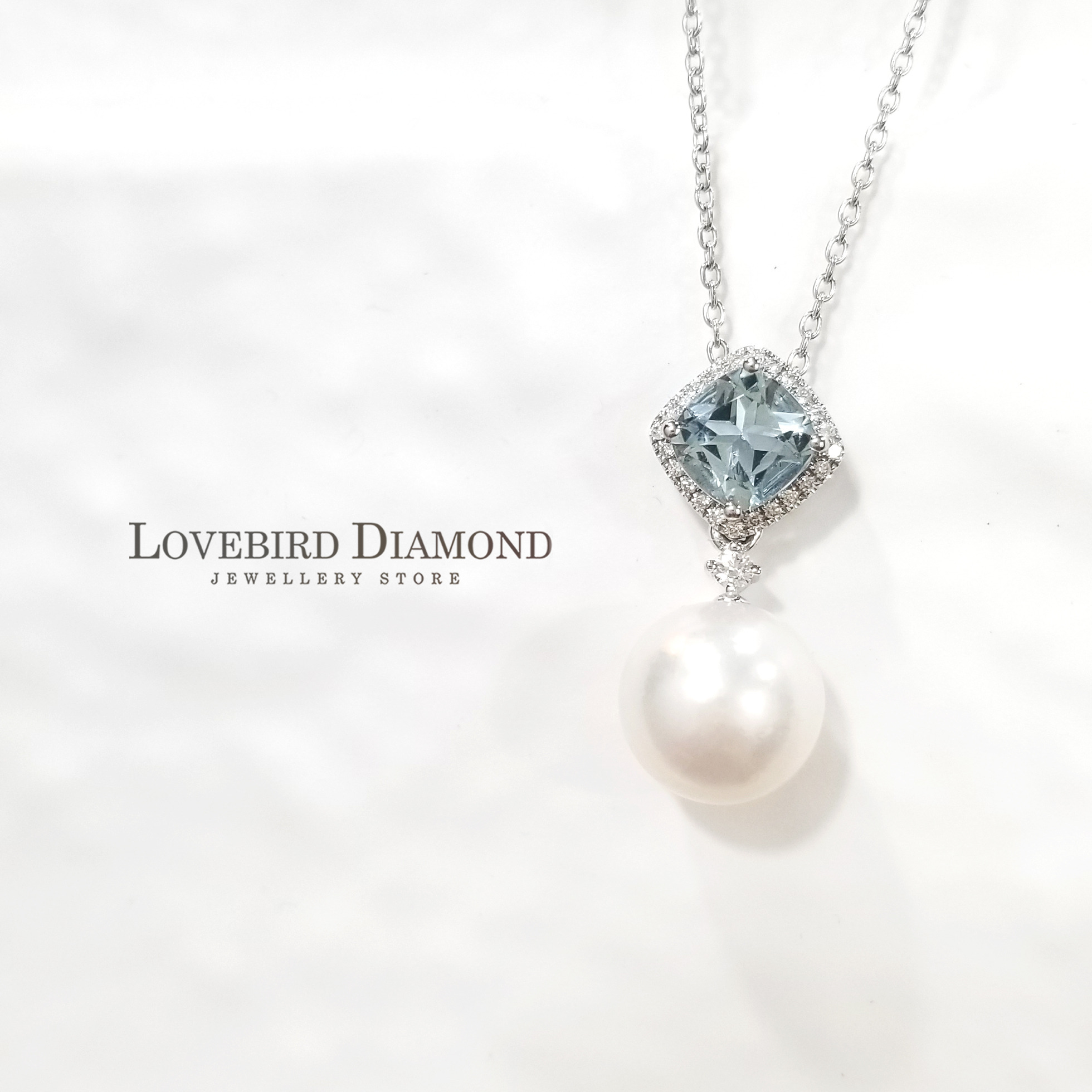 18K白金海藍寶天然鑽石 Akoya 珍珠吊墜