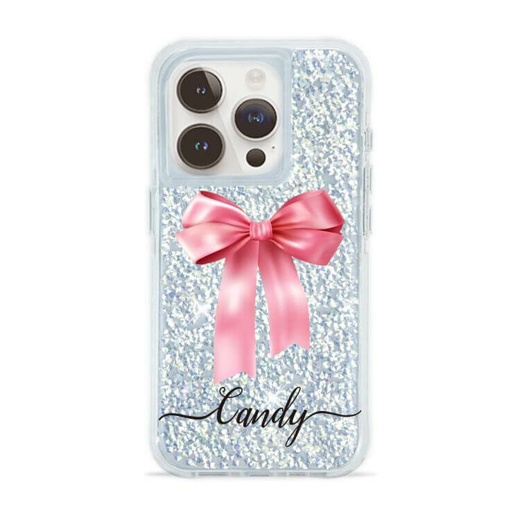蝴蝶結緞帶(粉) 銀耀撞白殼 - (訂製名字) - iPhone 客製化手機殼