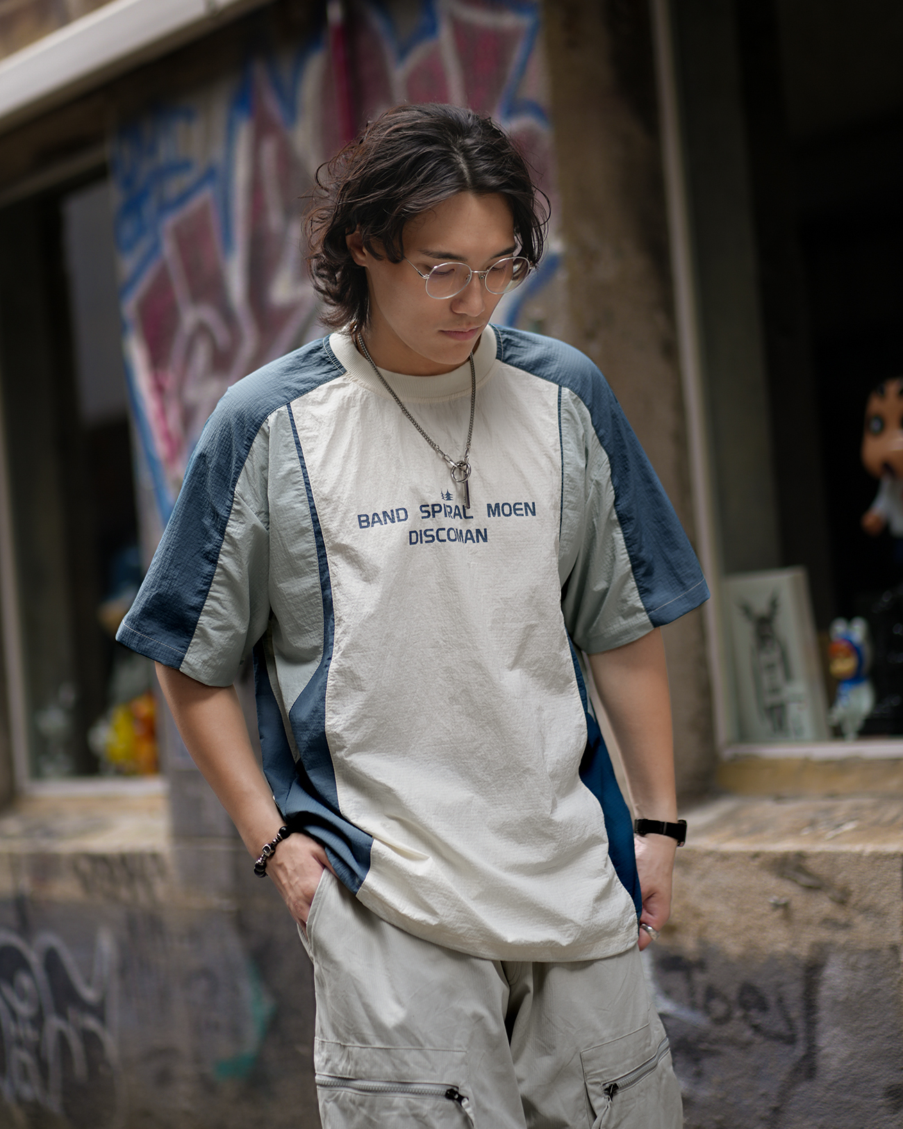 MJ013 透氣機能拼色T-米藍色