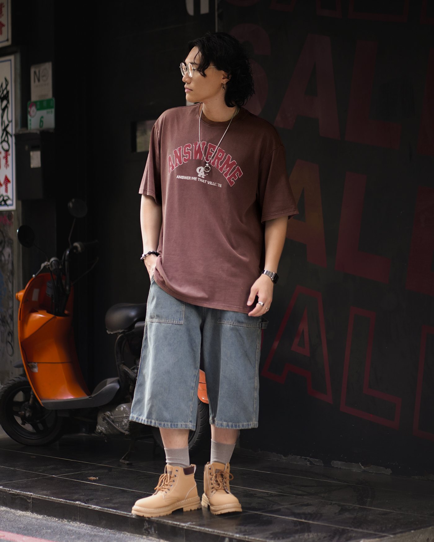 MJ021 復古水洗字母T-紅色