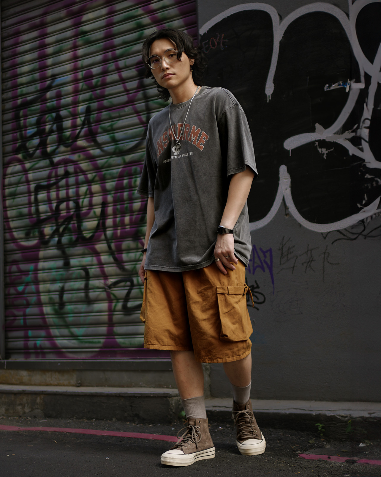 MJ022 復古水洗字母T-黑色