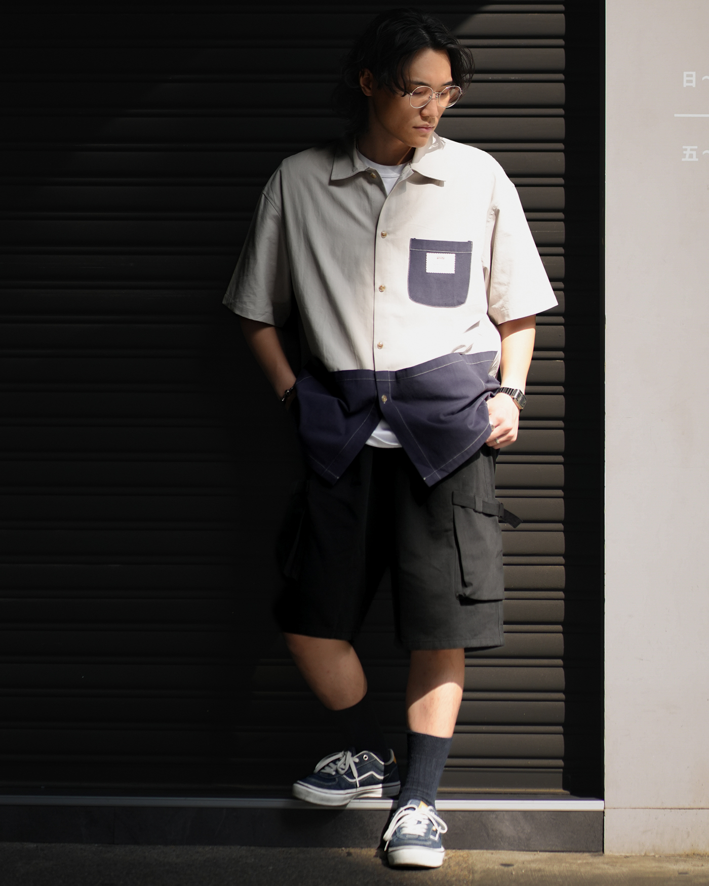 MJ071 日系拼接工裝襯衫-灰藍色