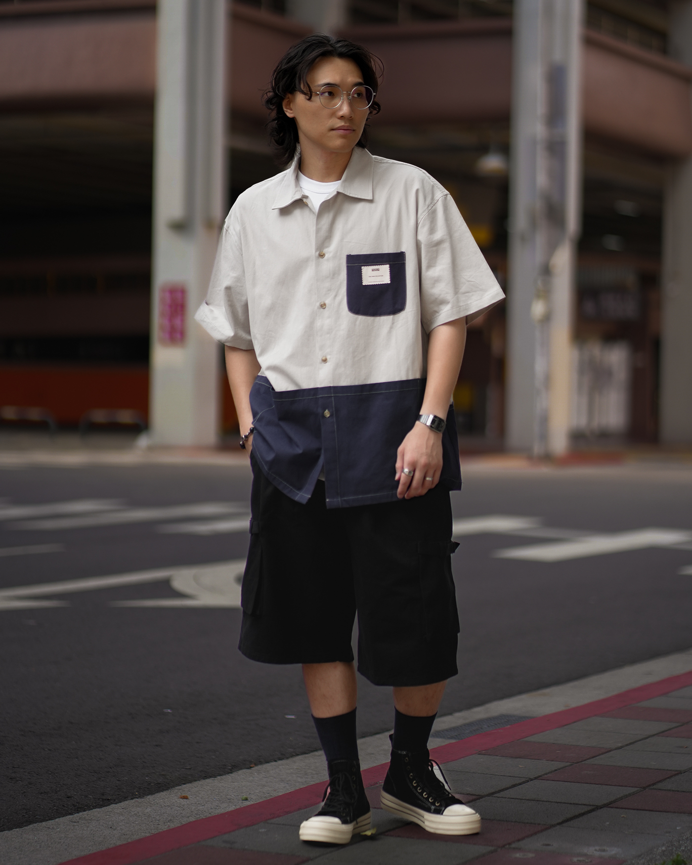 MJ071 日系拼接工裝襯衫-灰藍色