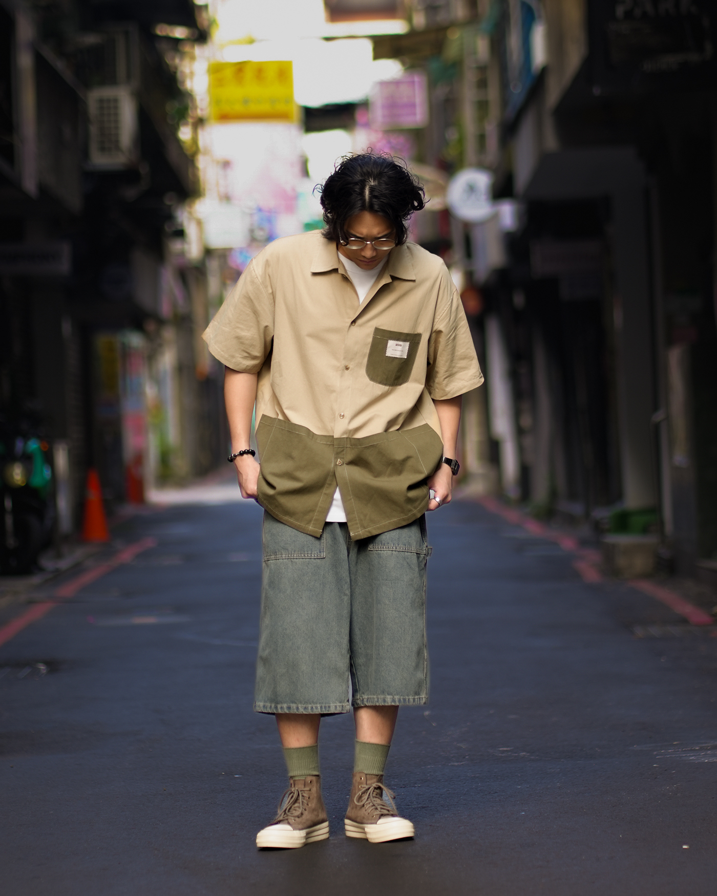 MJ072 日系拼接工裝襯衫-卡其綠