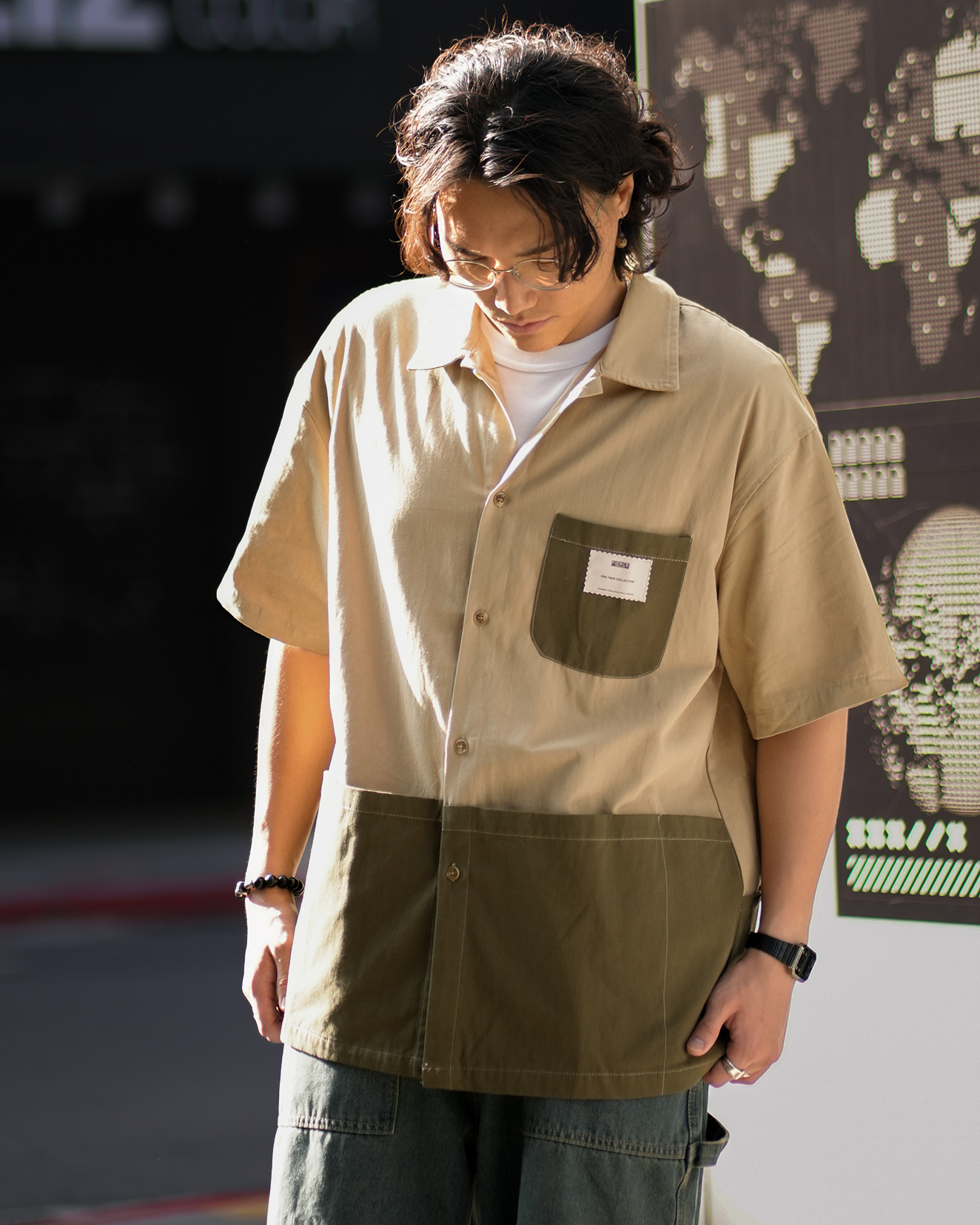 MJ072 日系拼接工裝襯衫-卡其綠