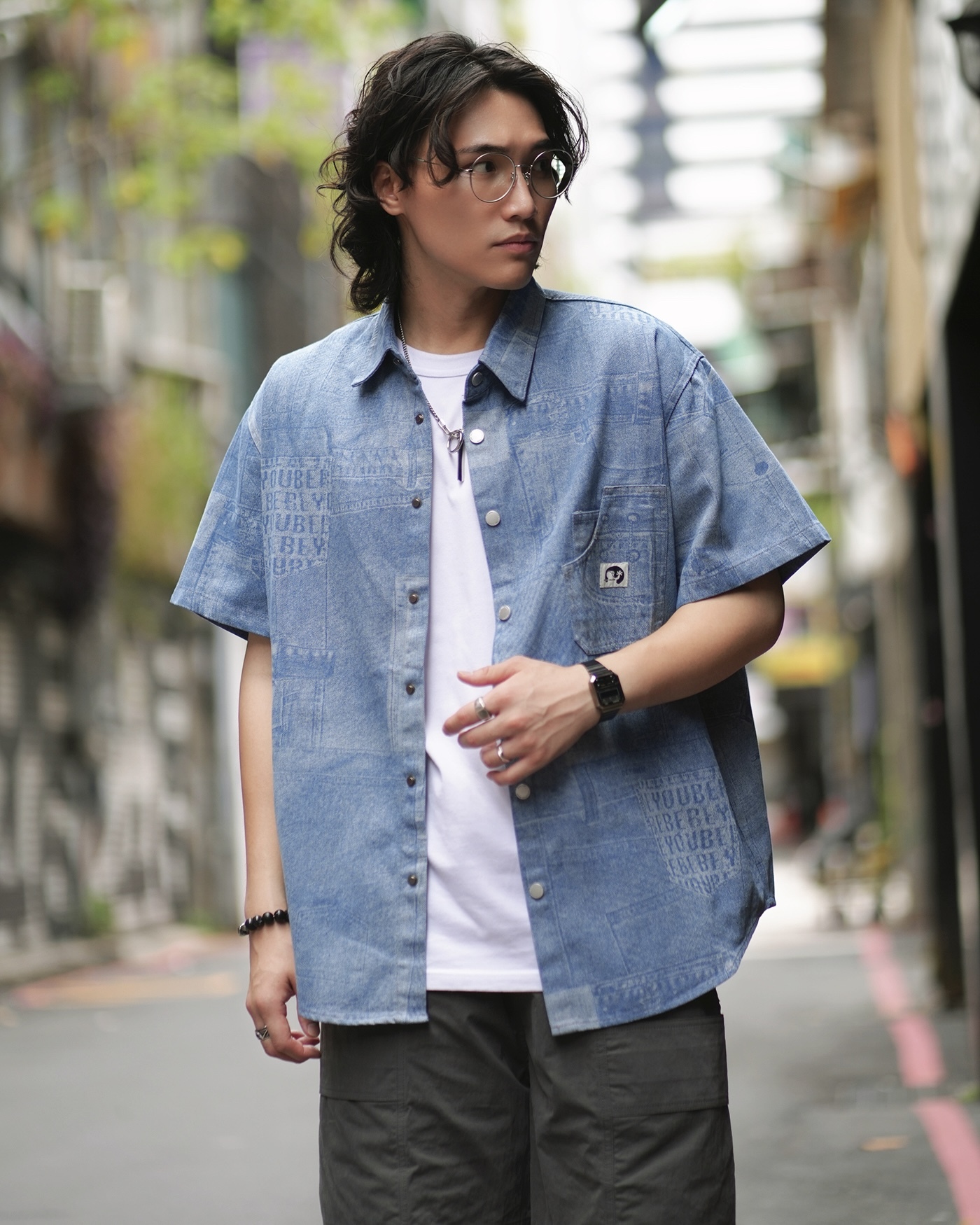 MJ061 復古水洗丹寧短袖襯衫-藍色