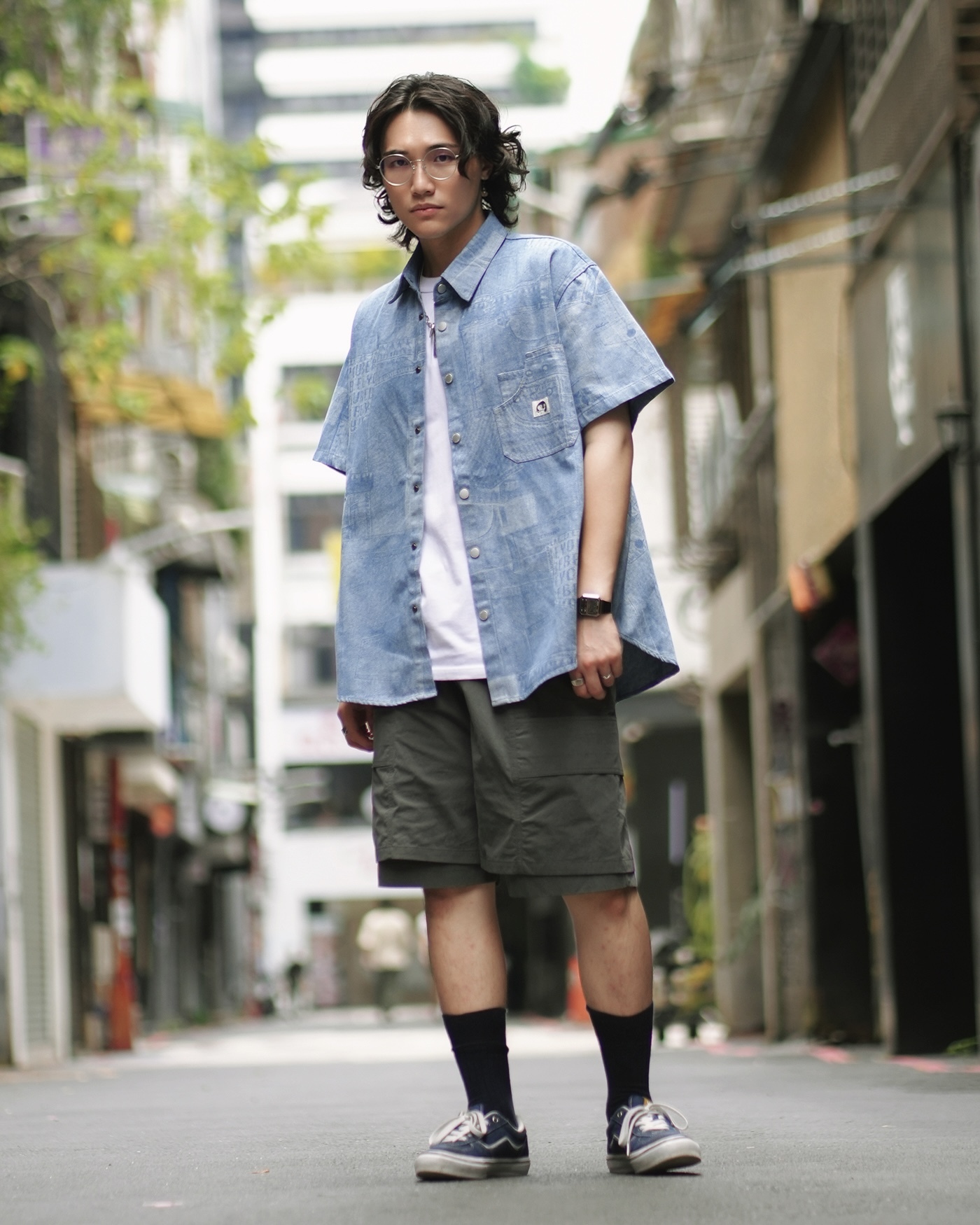 MJ061 復古水洗丹寧短袖襯衫-藍色