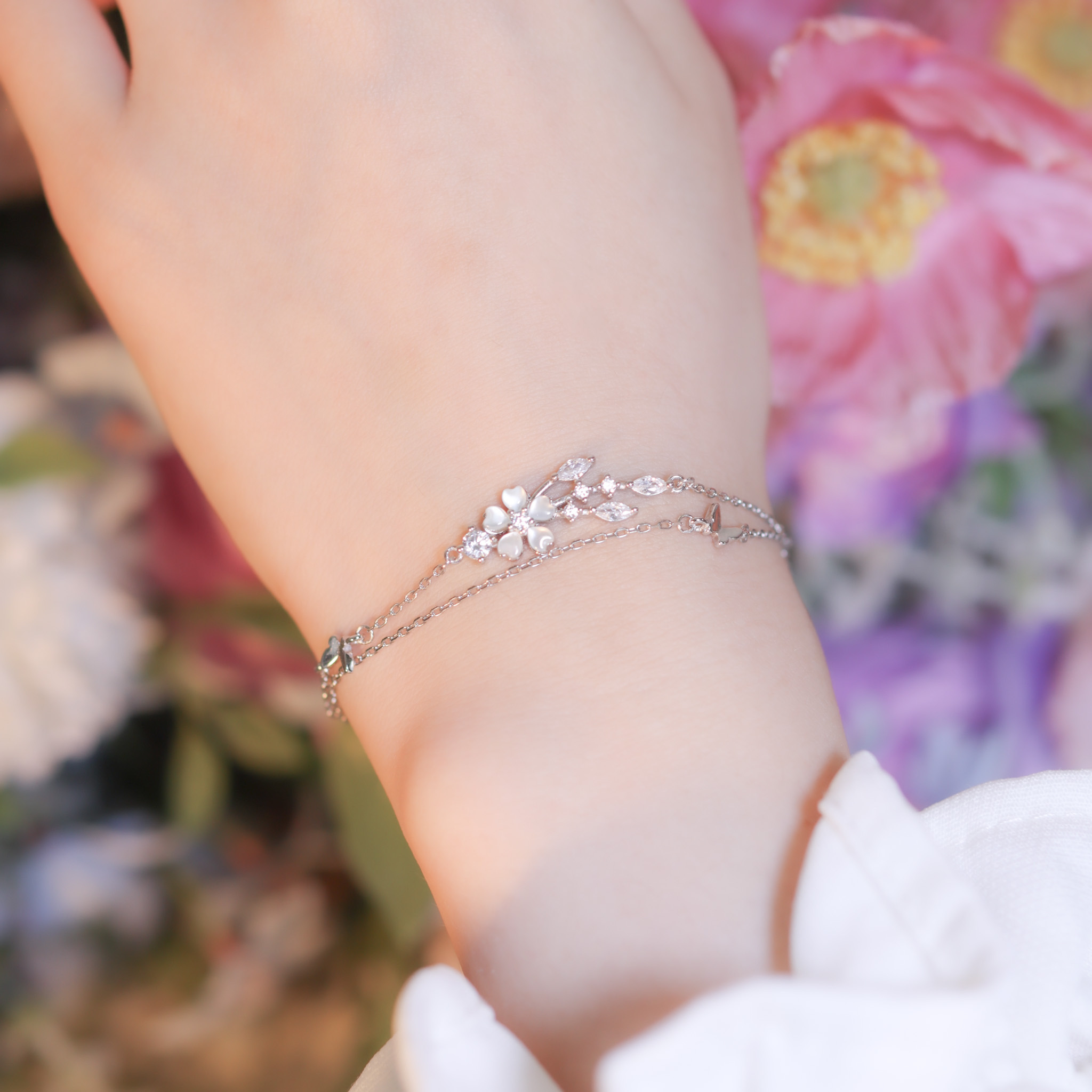 | 925純銀・白金 | 小白櫻雙層手鏈 | BR1143 |