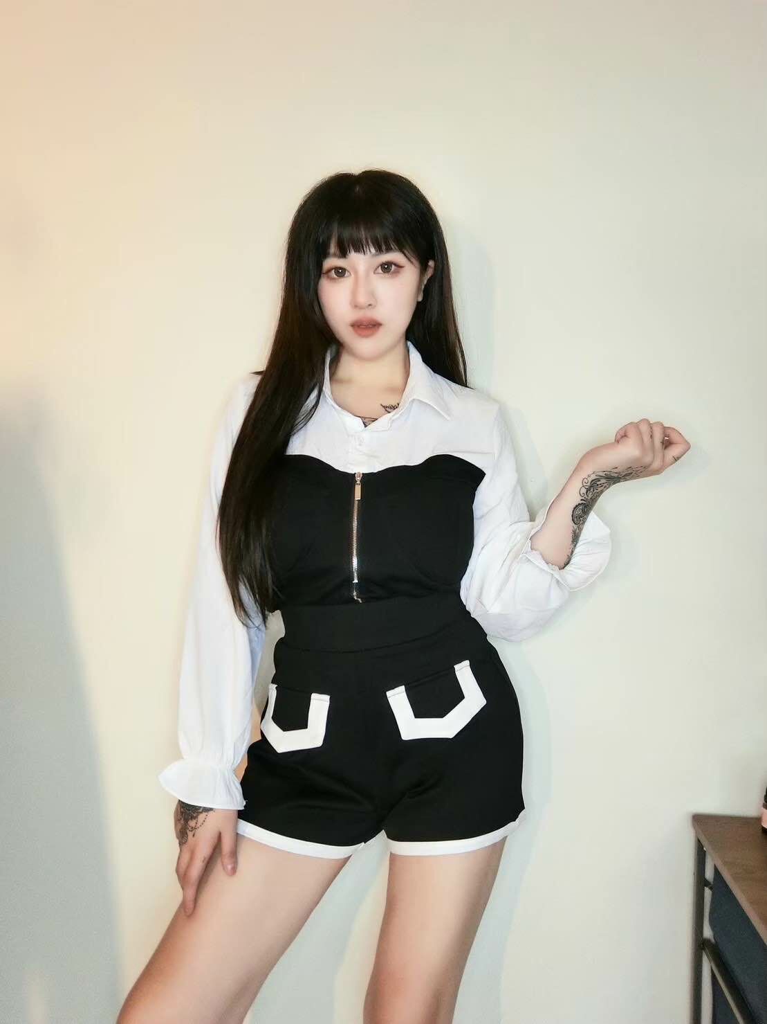 撞色縮腰寬褲管短褲